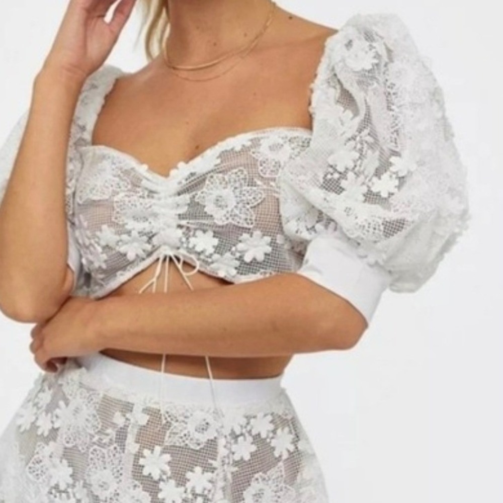 For Love & Lemons Daisy Rare White Floral Lace Puff Sleeve Smock Crop Sweetheart